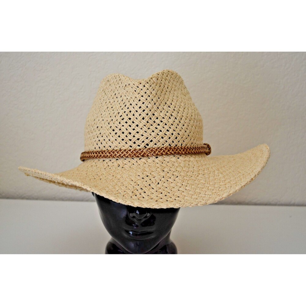 Macchia di Ruggine Beige Cowboy Style Crown Western Hat Braided Band Woven Paper